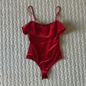NBD Red Ribbed Velvet Bodysuit S